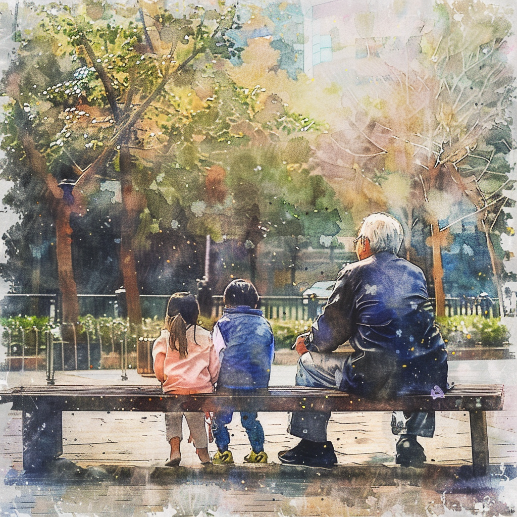An elderly man playing with children at a park — the village that raises the child.