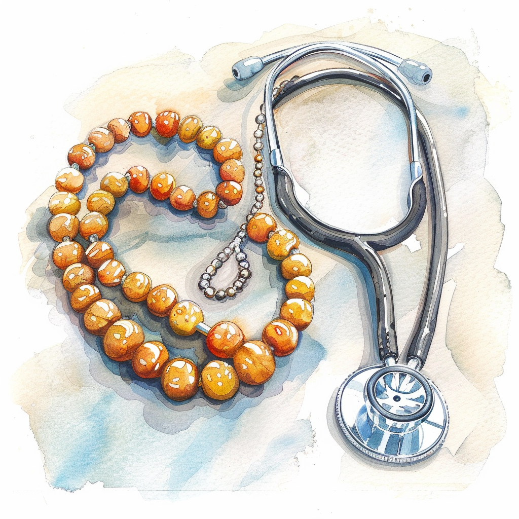 A doctor's stethoscope beside Muslim prayer beads — twin instruments of healing.