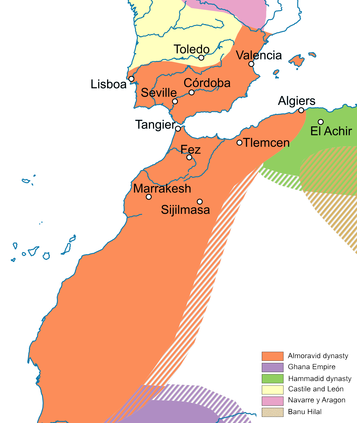 The Almoravid Empire at its territorial peak.
