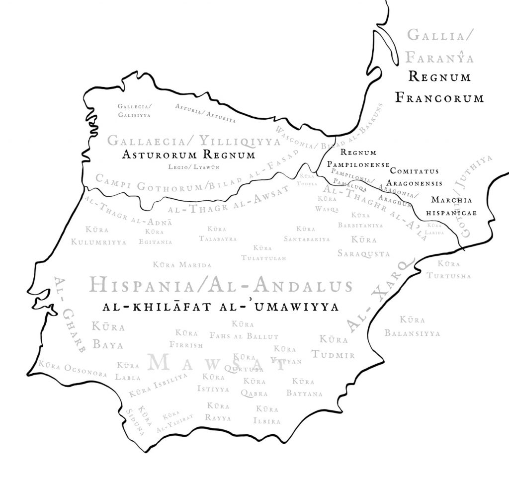 Map of Hispania at the Beginning of the 10th Century Map of Hispania at the Beginning of the 10th Century
Names are shown in both Latin and Arabic, Names are shown in both Latin and Arabic,
highlighting regional territories and emerging political entities. 